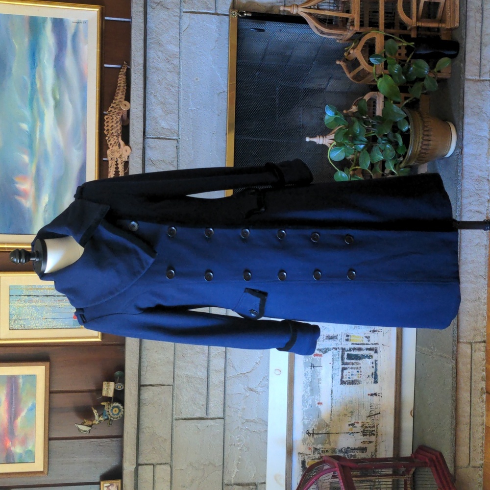 Ben Sherman Women's Blue Wool And Black Velvet Double Breasted Trench Coat M